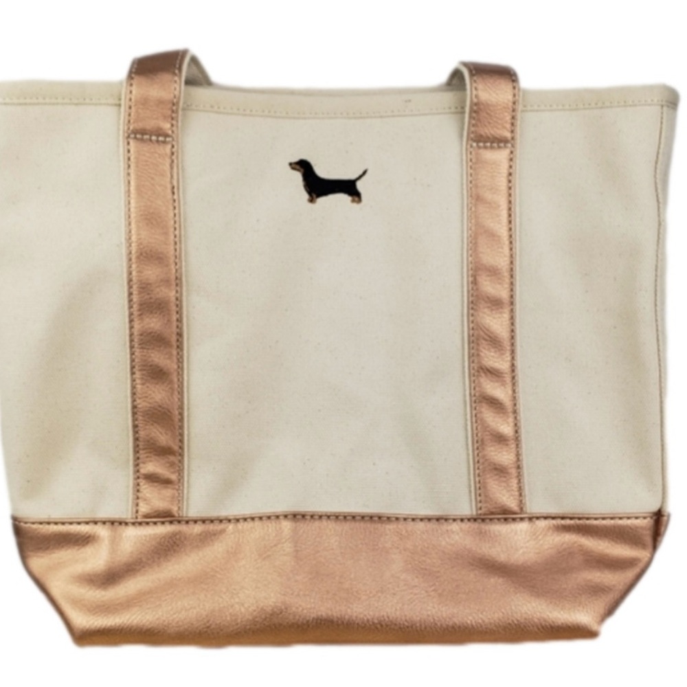 Medium Lands' End Tote Bag Canvas Zip Top Natural Rose Gold Embroidery Dachshund